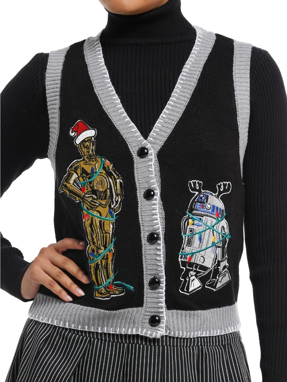NWT Star Wars Black & Gray Holiday Droid Knit Cardigan Vest Christmas Life Day